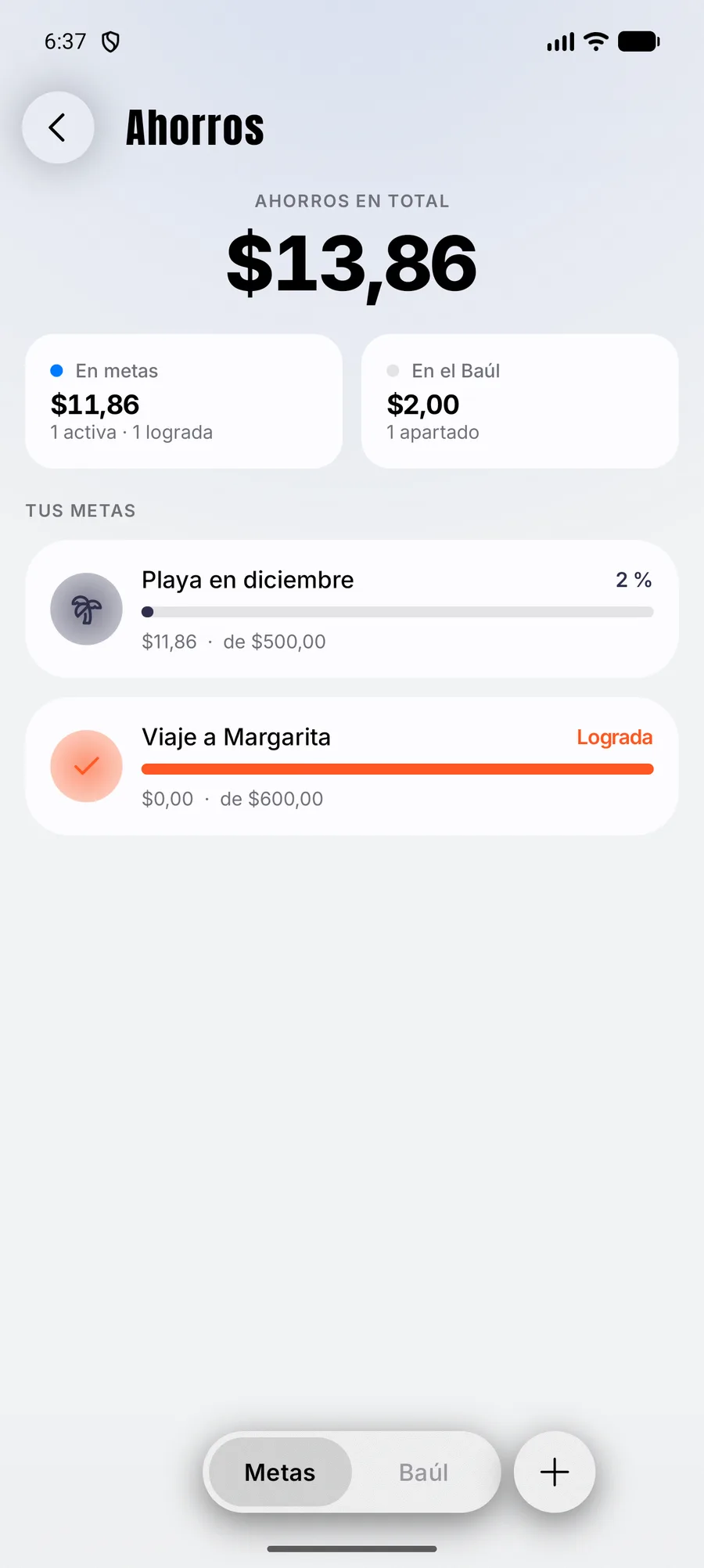 Pantalla de ahorros: metas con su avance y el Baúl
