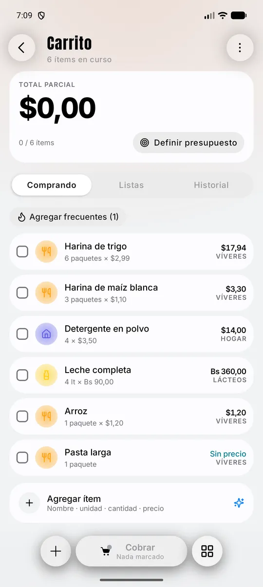Carrito: lista de compra con cantidades y precios en dólares y bolívares