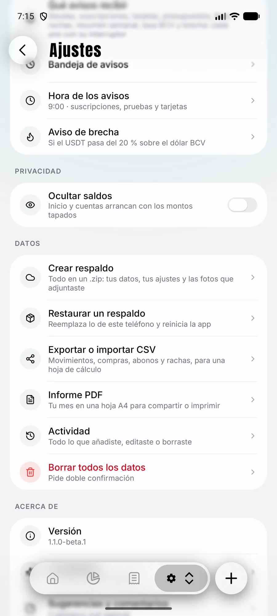 Ajustes: ocultar saldos, crear respaldo, restaurar un respaldo, exportar o importar CSV e informe PDF