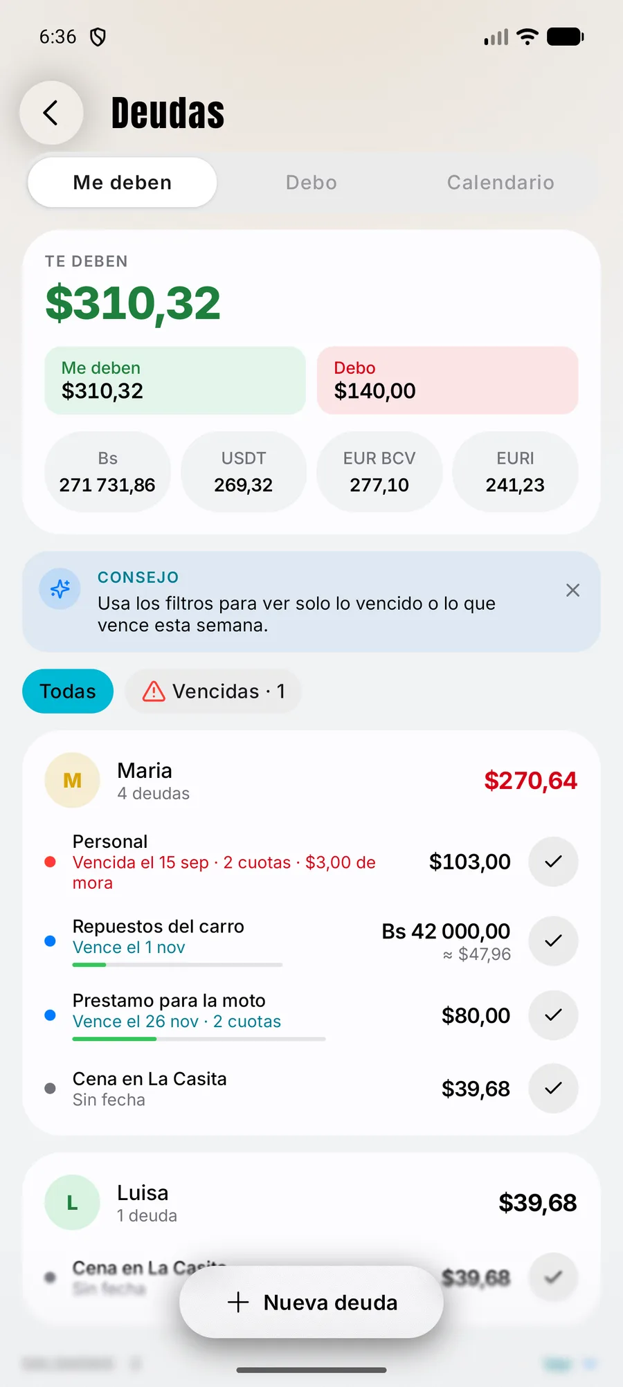 Pantalla de deudas: lo que te deben y lo que debes, agrupado por persona