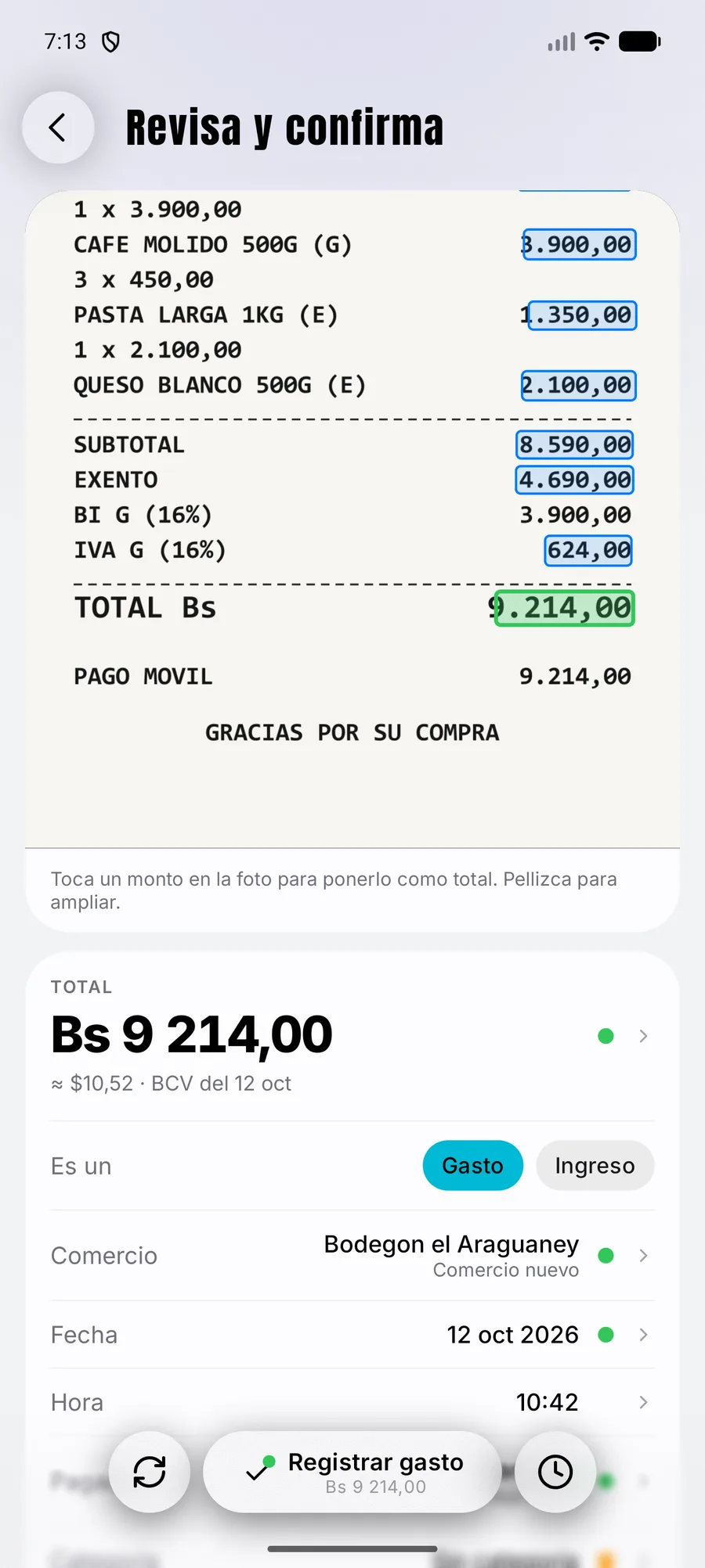 Pantalla Revisa y confirma: la foto de la factura con los montos resaltados y el total de 9 214 bolívares