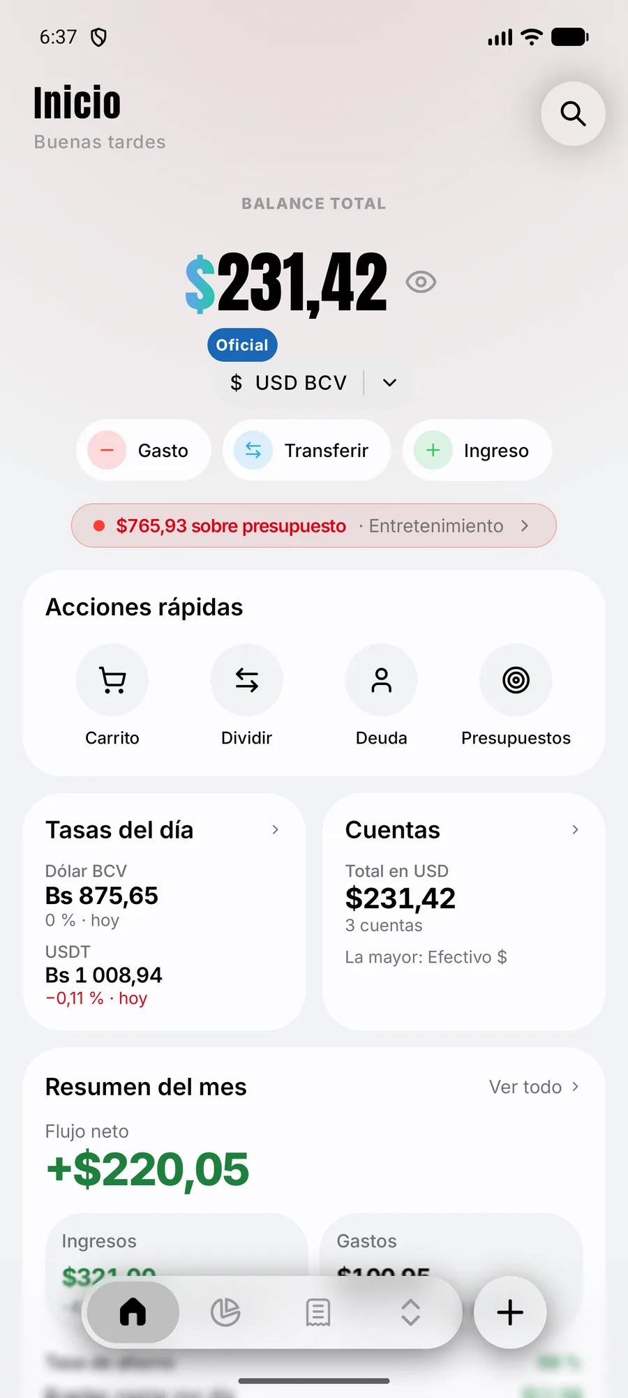 Pantalla de inicio de CeroFiao: balance total en dólares BCV, tasas del día y resumen del mes