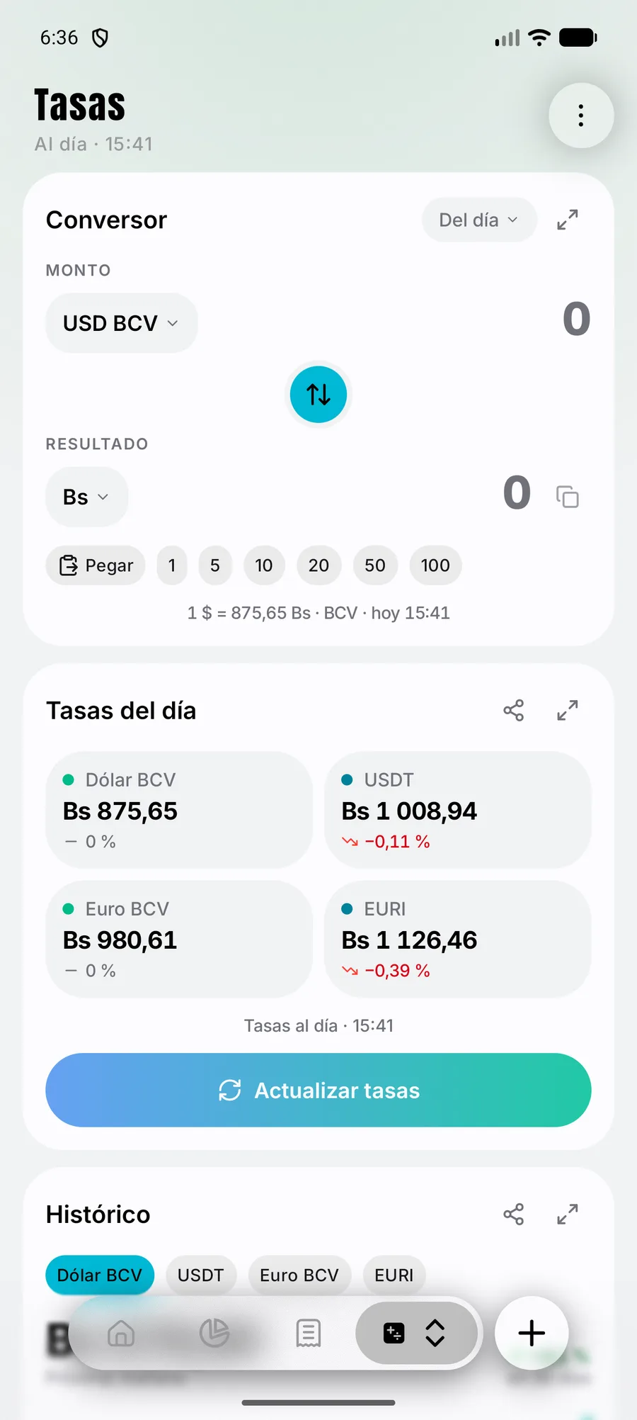 Pantalla de tasas: conversor y tasas del día del dólar BCV, USDT, euro BCV y EURI